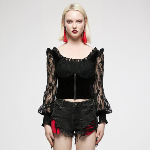 Velvet-Paneled Lace Top - S