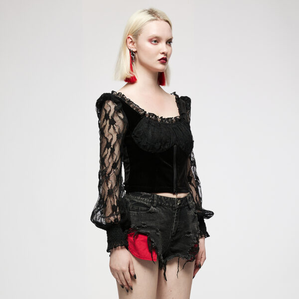 Velvet-Paneled Lace Top - S - Image 2